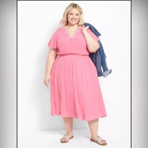 NWT Lane Bryant Pink Flutter-Sleeve V-Neck Embroidered Tunic Dress